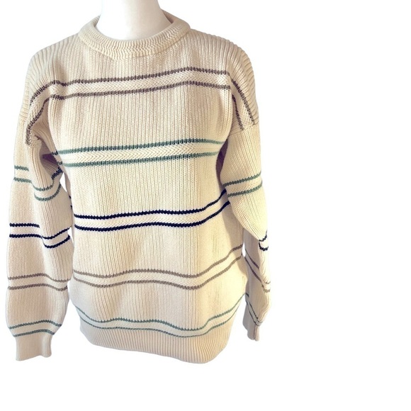 Izod Cotton Pullover Sweater Women M CrewNeck  Cream Contrasting Stripes - Picture 1 of 7